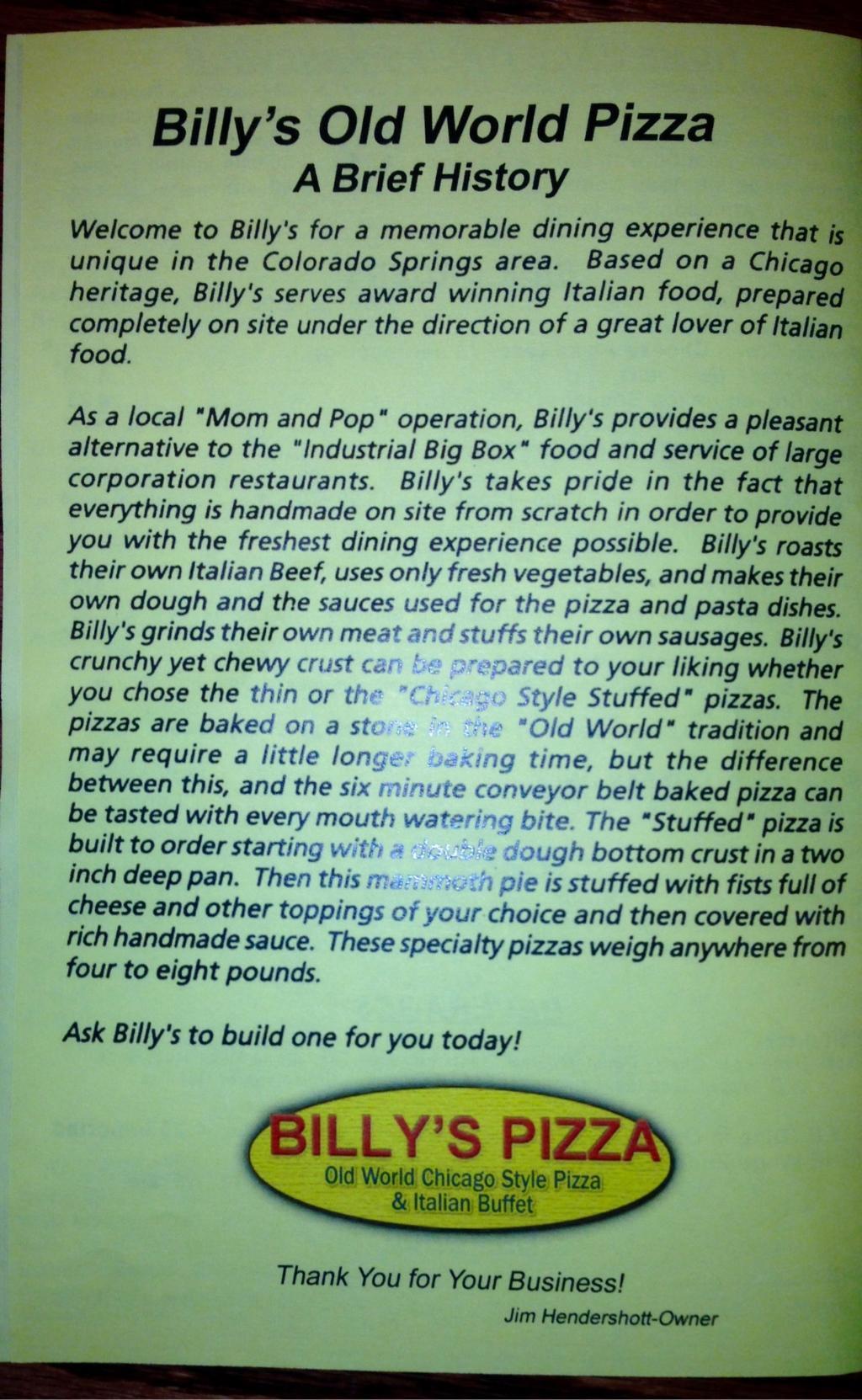 Billy`s Old World Pizza